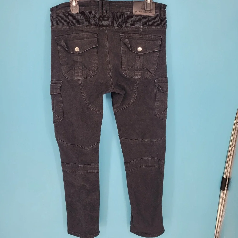 Winx Wheels Biker Cargo Pants Mens XL Black Moto Denim Ribbed Slim Streetwear